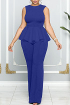 Blue Casual Solid Patchwork Flounce O Neck Straight Jumpsuits