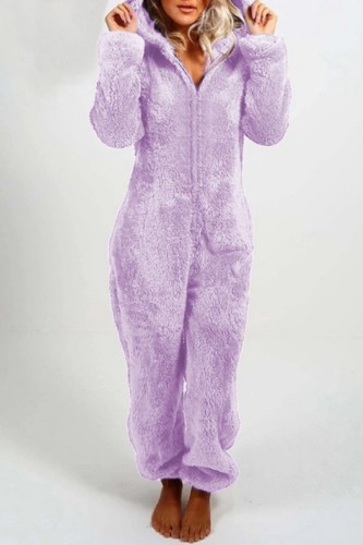 Light Purple Casual Living Solid Patchwork Hooded Collar Regular Jumpsuits