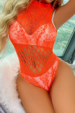 Fluorescent Orange Sexy Solid Hollowed Out Patchwork Valentines Day Lingerie