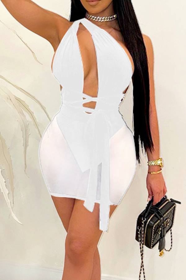 White Sexy Solid Bandage See-through One Shoulder Pencil Skirt Dresses