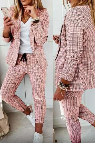 Pink Casual Street Plaid Patchwork Turndown Collar Long Sleeve Two Pieces