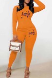 Orange Casual Print Letter O Neck Long Sleeve Two Pieces