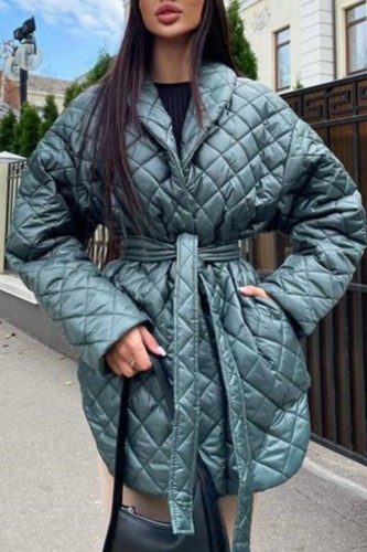Green Casual Solid With Belt Turndown Collar Outerwear