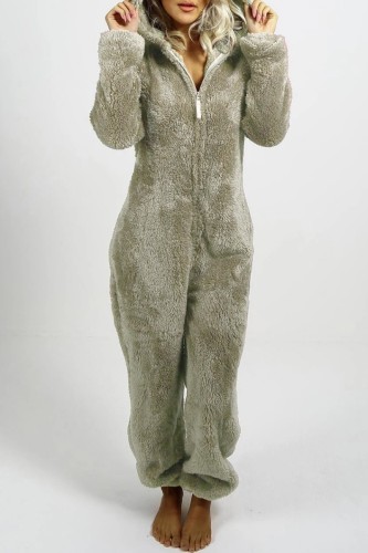 Grey Brown Casual Living Solid Patchwork Hooded Collar Regular Jumpsuits