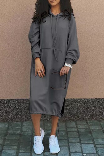 Grey Casual Solid Patchwork Hooded Collar Long Sleeve Dresses