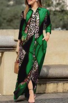 Green Casual Print Patchwork Turndown Collar Long Sleeve Dresses