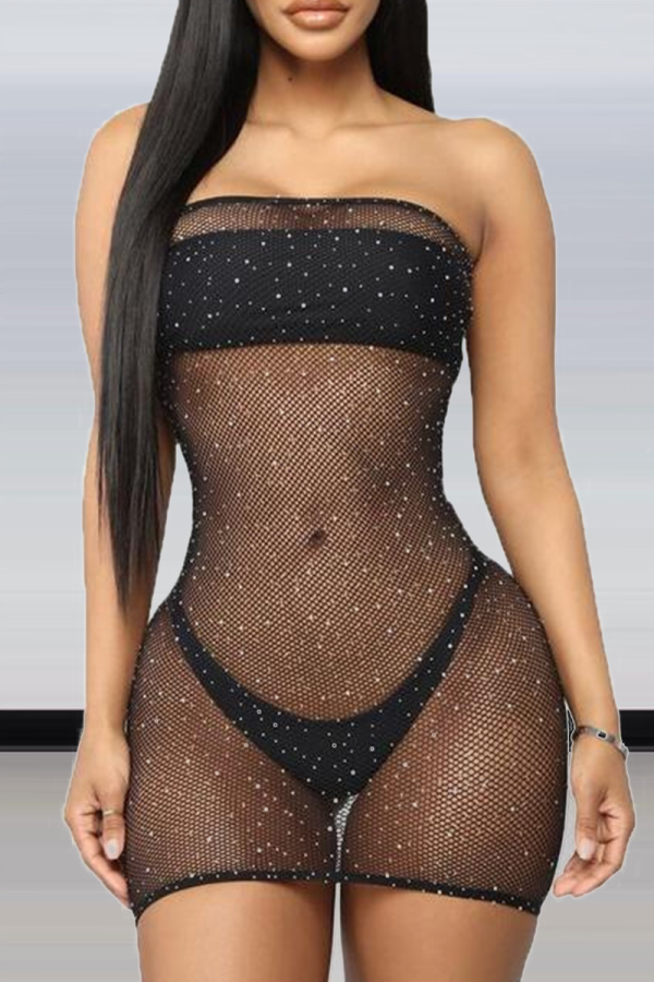 Black Sexy Patchwork See-through Mesh Hot Drill Valentines Day Lingerie