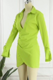 Mustard Green Sexy Casual Solid Patchwork Turndown Collar Long Sleeve Dresses