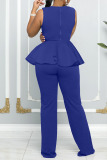 Blue Casual Solid Patchwork Flounce O Neck Straight Jumpsuits