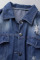 Navy Blue Casual Solid Ripped Patchwork Buckle Turndown Collar Long Sleeve Straight Denim Jacket