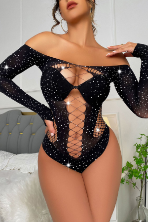 Black Sexy Solid Hollowed Out Patchwork See-through Mesh Valentines Day Lingerie