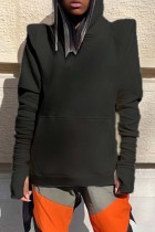 Black Casual Basic Hooded Collar Tops