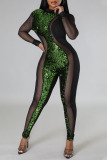 Black Sexy Solid Sequins Patchwork See-through O Neck Skinny Jumpsuits