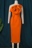 Orange Elegant Solid Patchwork Appliques Oblique Collar Dresses