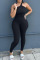 Black Casual Sportswear Solid Patchwork Oblique Collar Skinny Jumpsuits