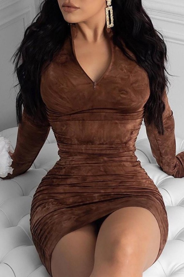 Dark Brown Casual Print Basic V Neck Long Sleeve Dresses