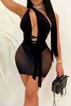 Black Sexy Solid Bandage See-through One Shoulder Pencil Skirt Dresses