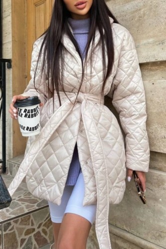 Apricot Casual Solid With Belt Turndown Collar Outerwear