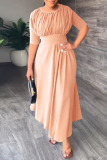 Apricot Pink Casual Print Patchwork Fold O Neck Straight Dresses