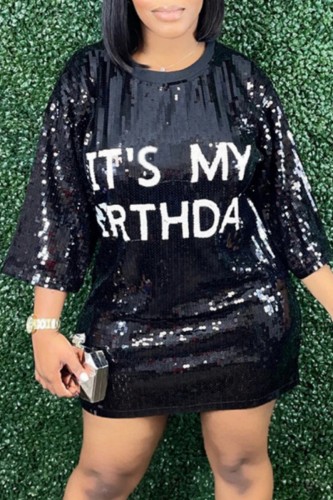 Black Casual Letter Sequins Patchwork O Neck A Line Dresses