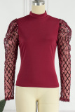 Black Casual Patchwork Sequins See-through Turtleneck Tops