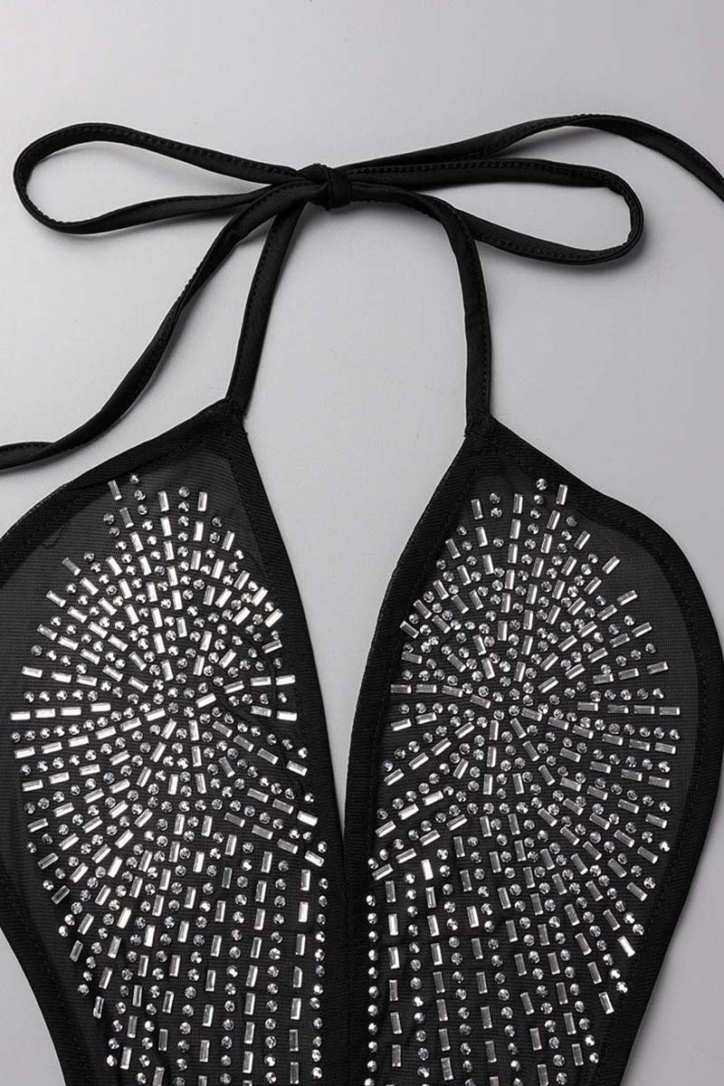 Women's Black Bandeau Slim-fit Hot Drilling Long Dress