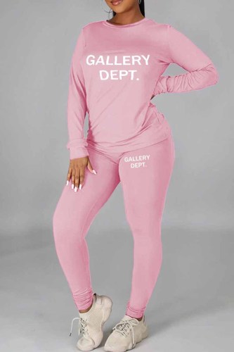 Pink Casual Print Letter O Neck Long Sleeve Two Pieces