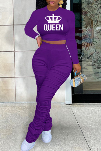 Purple Casual Print Patchwork Fold O Neck Long Sleeve Two Pieces