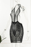 Black Sexy Patchwork Hot Drilling Bandage Backless Halter Sleeveless Dress Dresses