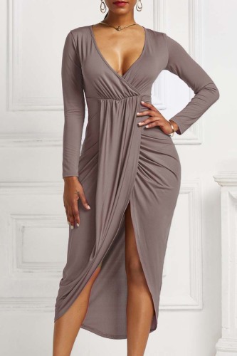 Apricot Casual Solid Patchwork V Neck Long Sleeve Dresses
