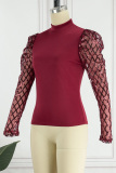 Burgundy Casual Patchwork Sequins See-through Turtleneck Tops