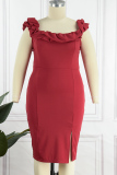 Red Fashion Sexy Plus Size Solid Patchwork Backless Slit Off the Shoulder Evening Dress