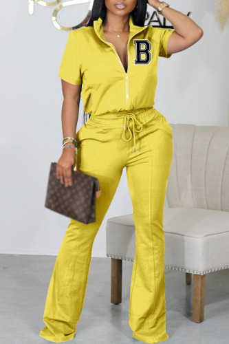 Yellow Casual Print Patchwork Zipper Collar Short Sleeve Two Pieces