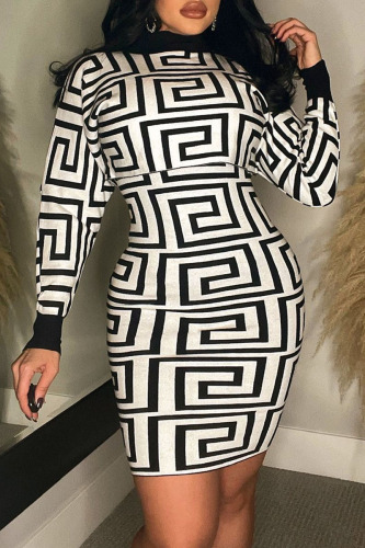 Black White Casual Print Patchwork O Neck Long Sleeve Two Pieces