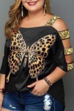Black Casual Print Hollowed Out O Neck Plus Size Tops