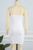 White Sexy Solid Patchwork Fold Asymmetrical Spaghetti Strap Pencil Skirt Dresses