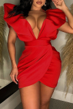 Red Sexy Solid Patchwork Backless V Neck Irregular Dress Dresses