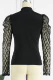 Black Casual Patchwork Sequins See-through Turtleneck Tops