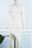 White Sexy Patchwork Hot Drilling Asymmetrical V Neck Long Sleeve Dresses