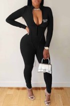 Black Sexy Print Letter Zipper Collar Jumpsuits
