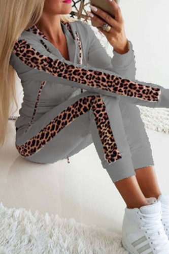 Grey Sexy Print Leopard Patchwork Zipper Hooded Collar Long Sleeve Two Pieces