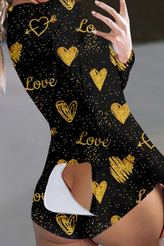 Black Gold Sexy Print Patchwork V Neck Skinny Bodysuits