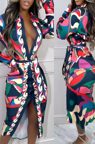 Colorful Blue Casual Print Patchwork Buckle Turndown Collar Shirt Dress Dresses