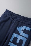 Deep Blue Casual Letter Print Basic Regular High Waist Pencil Trousers