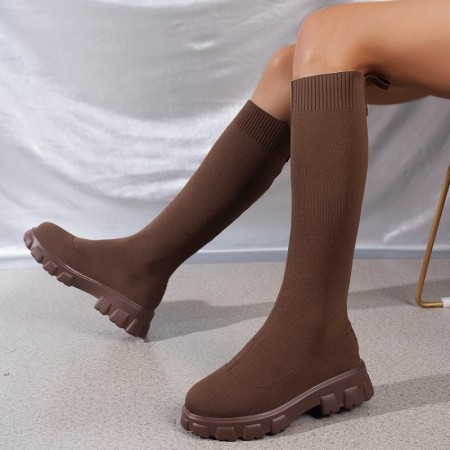 Coffee Casual Patchwork Solid Color Round Keep Warm Comfortable Shoes (Heel Height 1.97in)