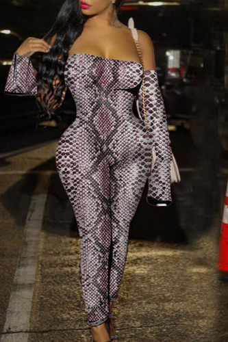 Snake Print Sexy Print Patchwork Off the Shoulder Skinny Jumpsuits