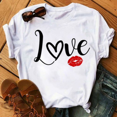 White Black Casual Lips Printed Basic O Neck T-Shirts
