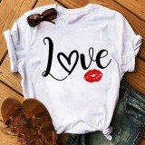 Blue Red Casual Lips Printed Basic O Neck T-Shirts