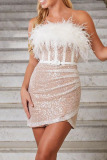 White Sexy Solid Sequins Patchwork Feathers With Belt Strapless Pencil Skirt Dresses