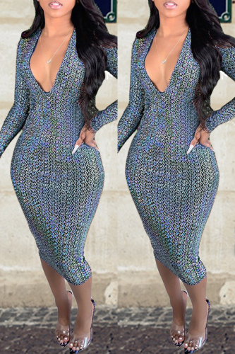 Blue Casual Print Basic V Neck Long Sleeve Dresses